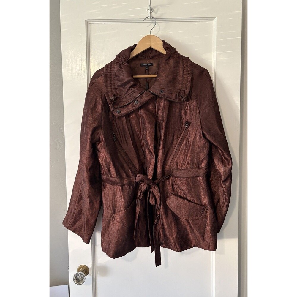 Samuel Dong Metallic Brown Crinkle Jacket Large L Lagenlook Funnel Art To Wear